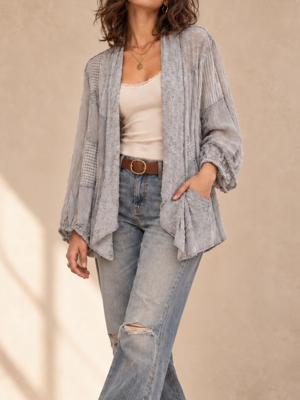 Young Threads Patchwork Boho Waterfall Open Front Long Sleeve Cardigan Medium
